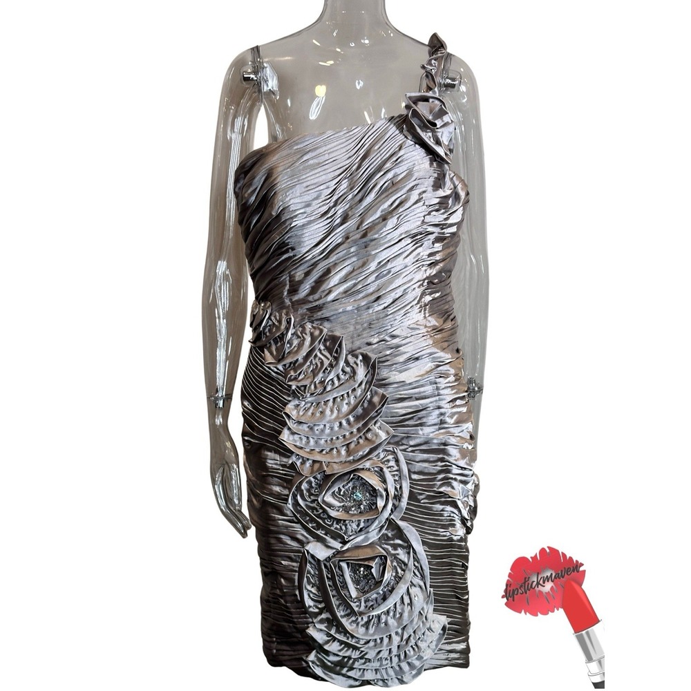 Annabelle Dress Women 16 Pewter Midi One Shoulder Bling‎ Ruched Wedding Guest